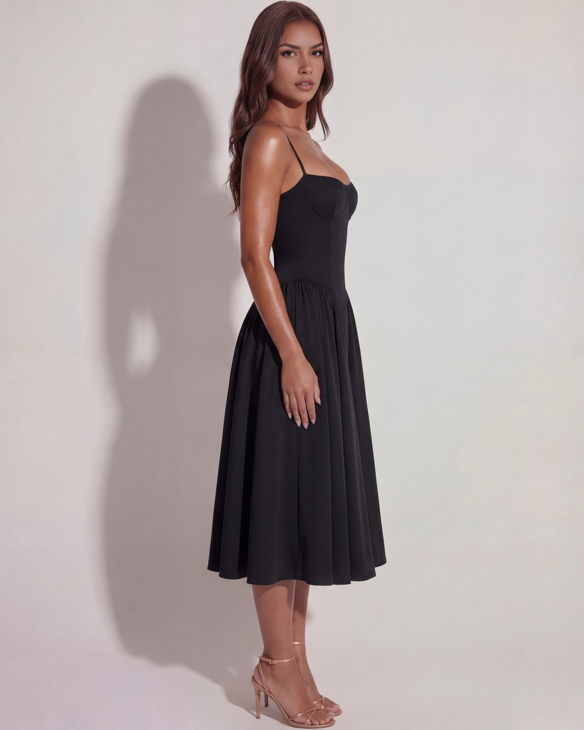 Amelia - Black Corset Twill Midi Dress - view 7
