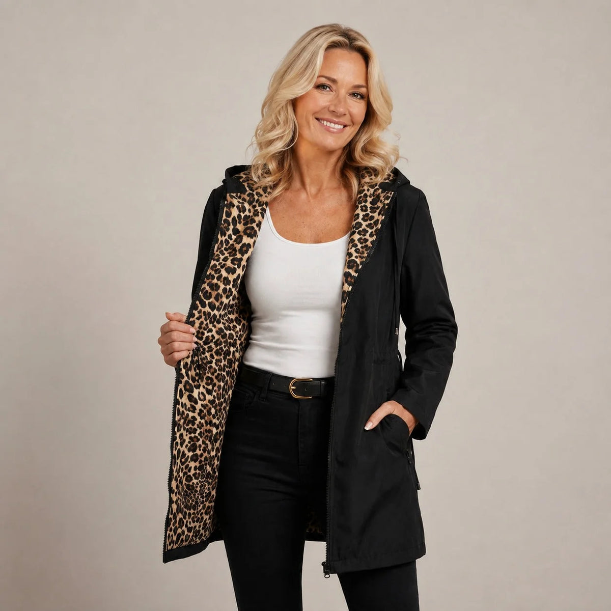 Robyn - Leopard-Lined Hooded Coat - Black