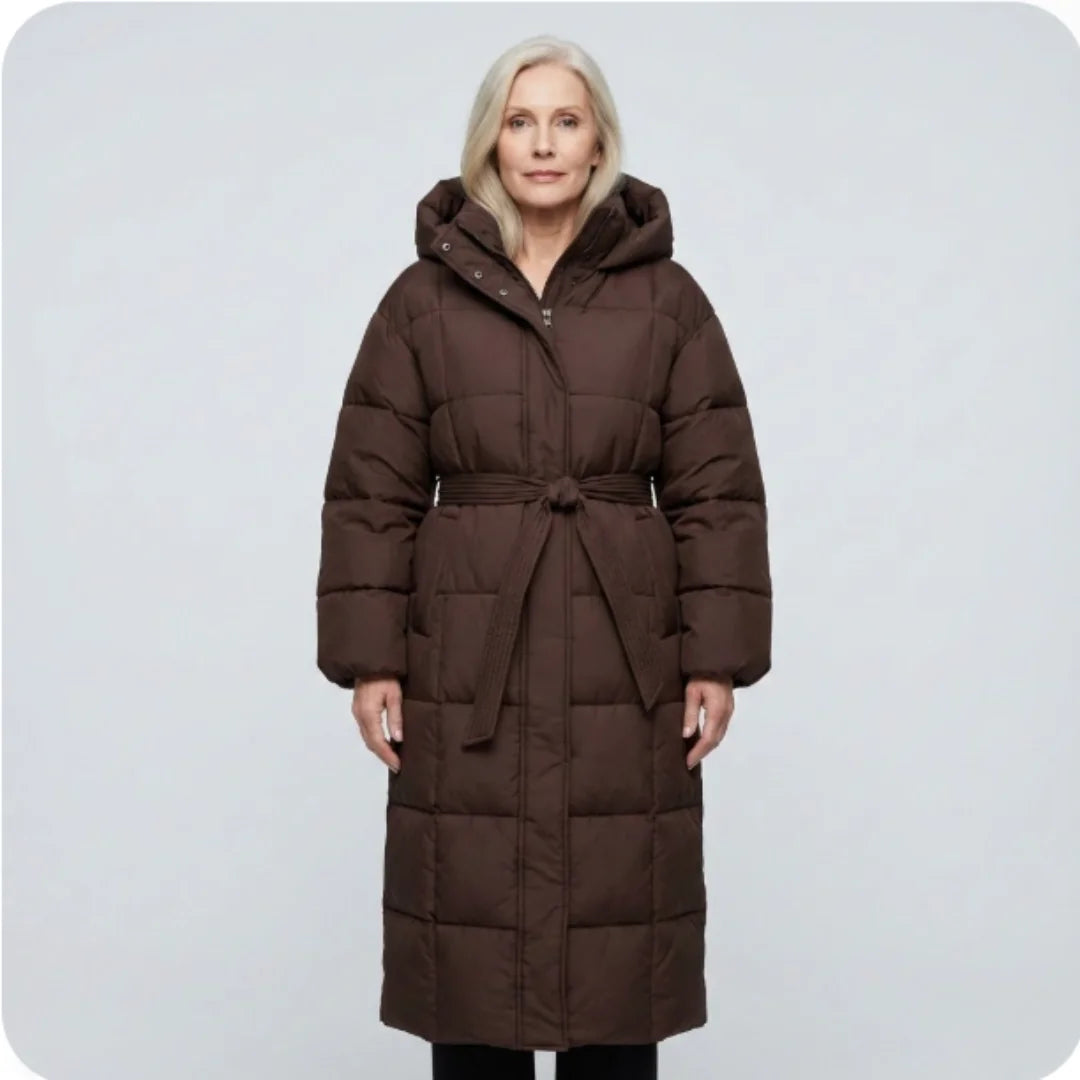 Kimberly - Long Belted Puffer Coat - Brown