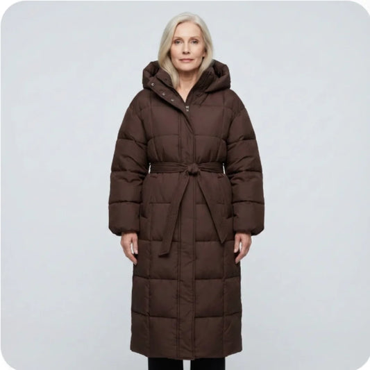 Kimberly - Long Belted Puffer Coat - Brown