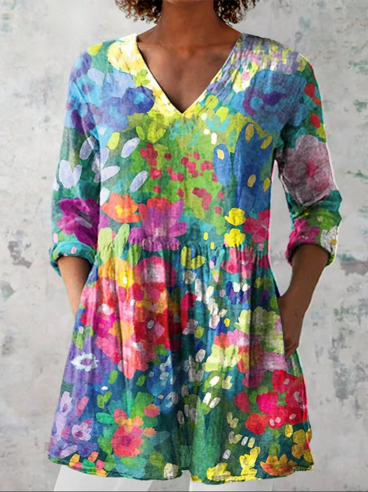 Maelle - Long Blouse with V-Neck - Multicolor