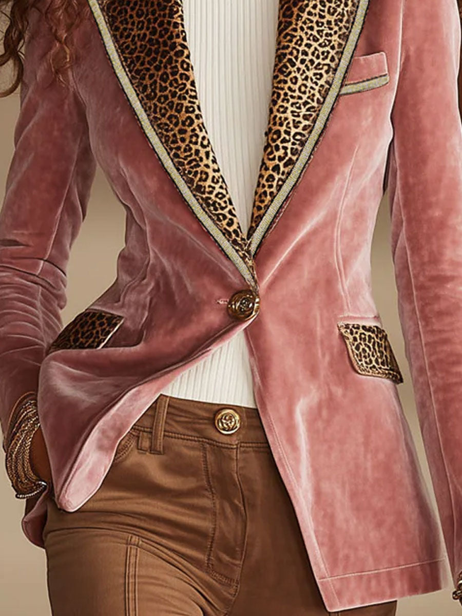 Pink Velvet Stitching Leopard Print One Button Blazer - view 7