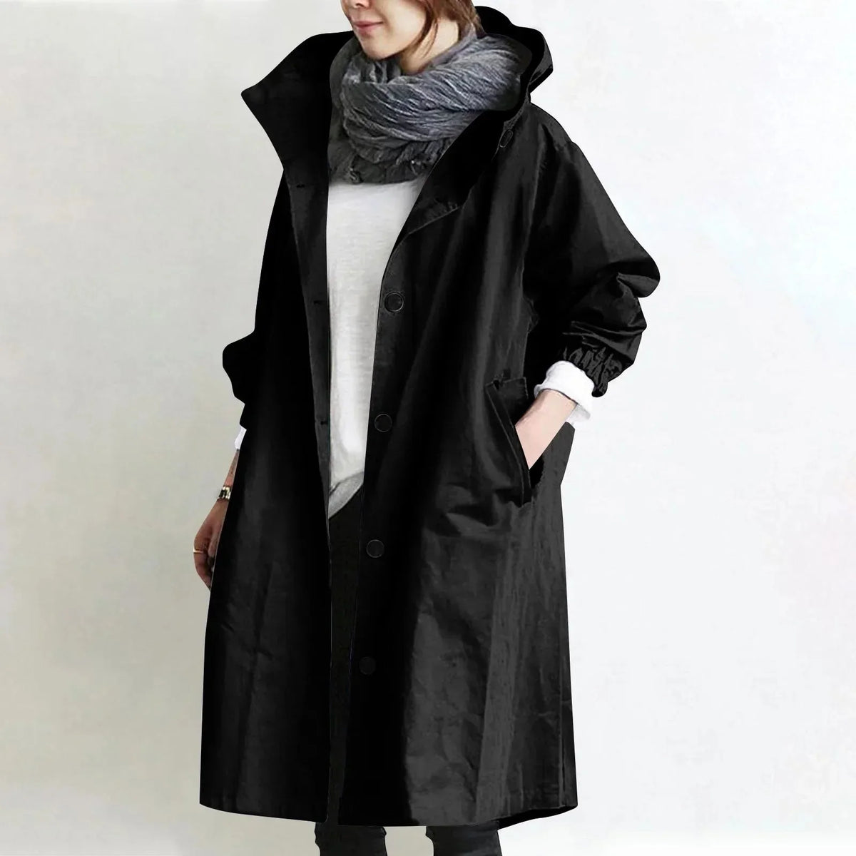 Emmeline - Hooded Longline Trench Coat - Black