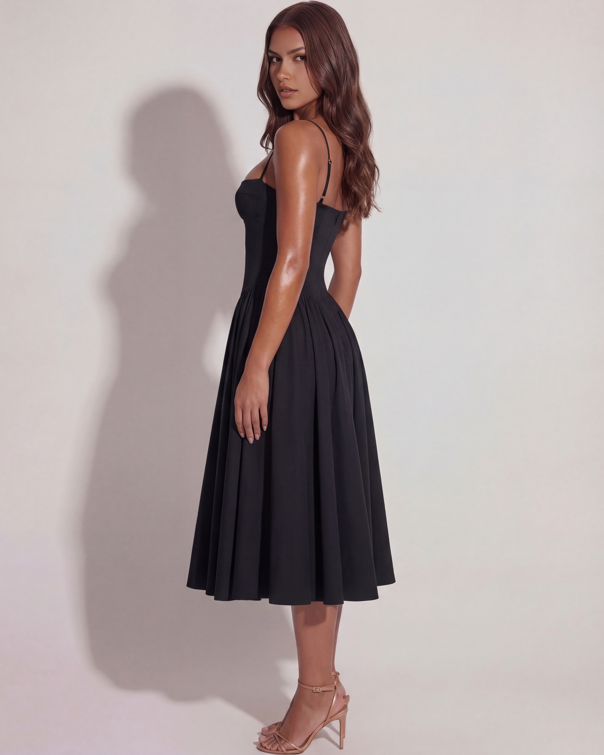 Amelia - Black Corset Twill Midi Dress - view 9