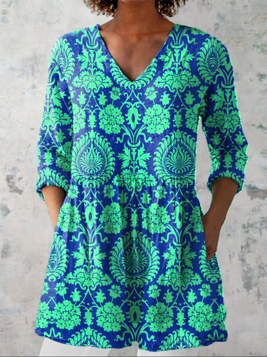 Ines - Long Blouse with V-Neck - Teal