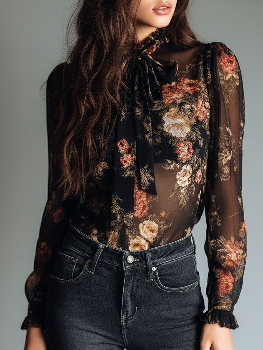 Vintage Black Sheer Chiffon Floral Tie Neck Blouse - view 5