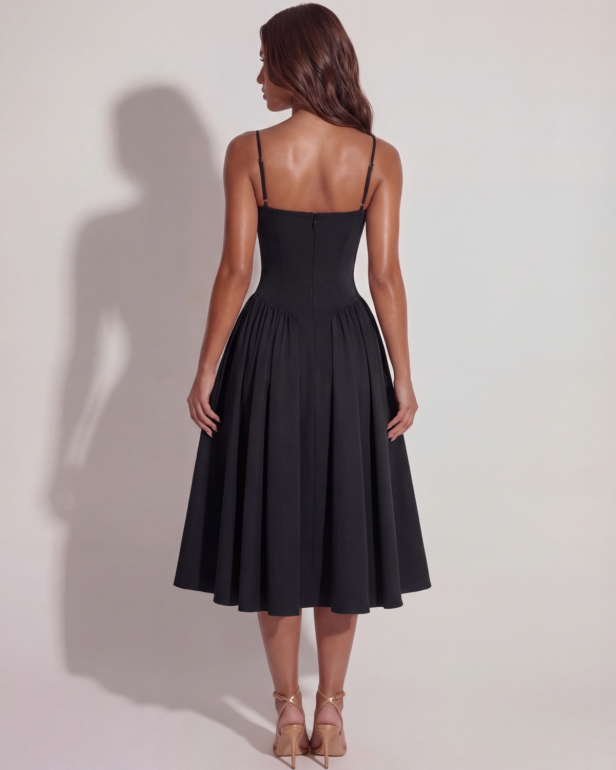Amelia - Black Corset Twill Midi Dress - view 11