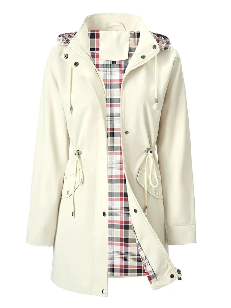 Norah - Red Check-Lined Rain Jacket - White