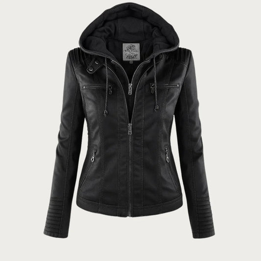 Kristen - Hooded Biker Jacket - Black