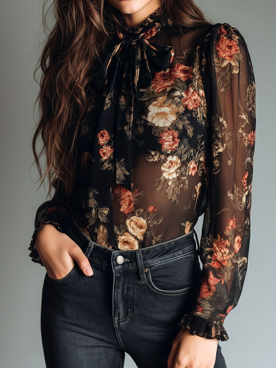 Vintage Black Sheer Chiffon Floral Tie Neck Blouse - view 3