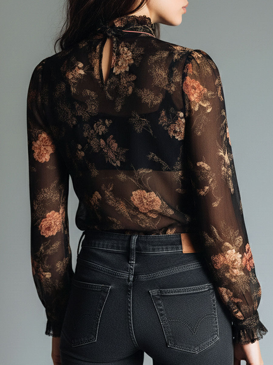 Vintage Black Sheer Chiffon Floral Tie Neck Blouse - view 2