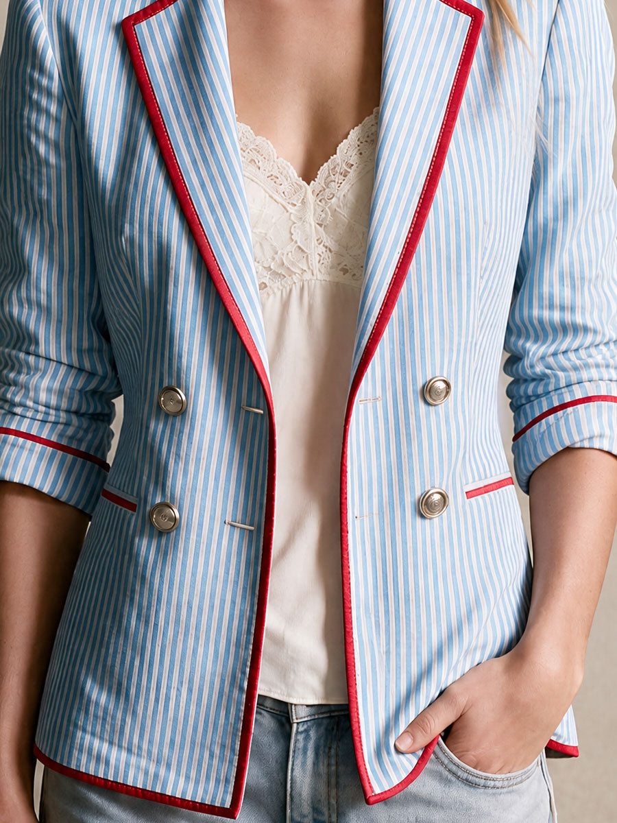 Blue Striped Double-Breasted Cotton Blazer - view 5