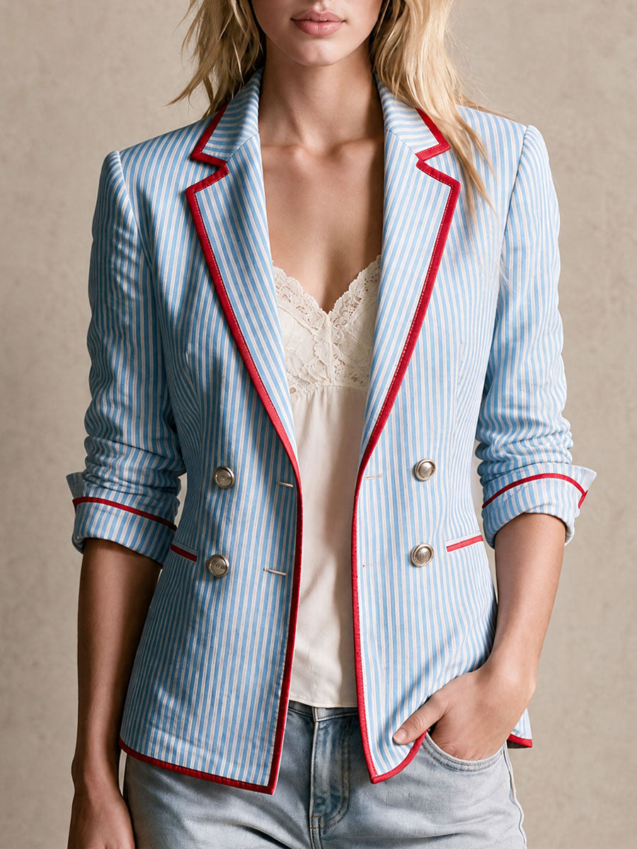 Blue Striped Double-Breasted Cotton Blazer