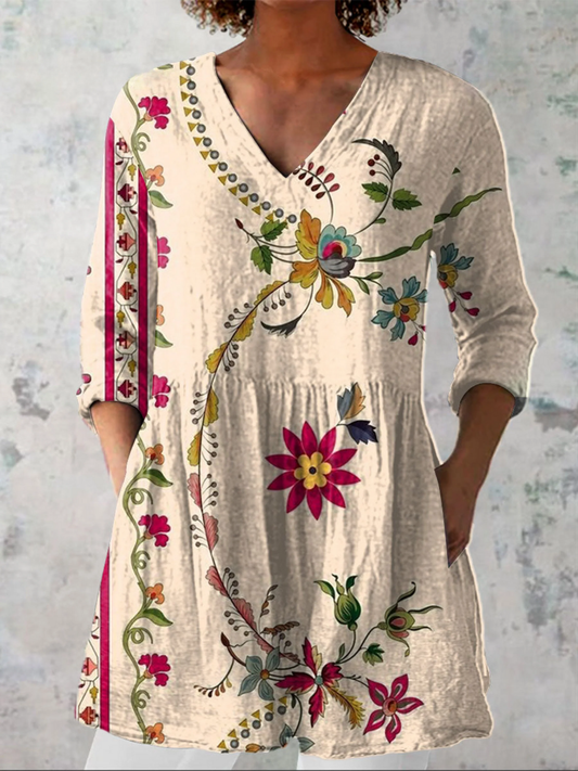Clara - Long Blouse with V-Neck - Beige