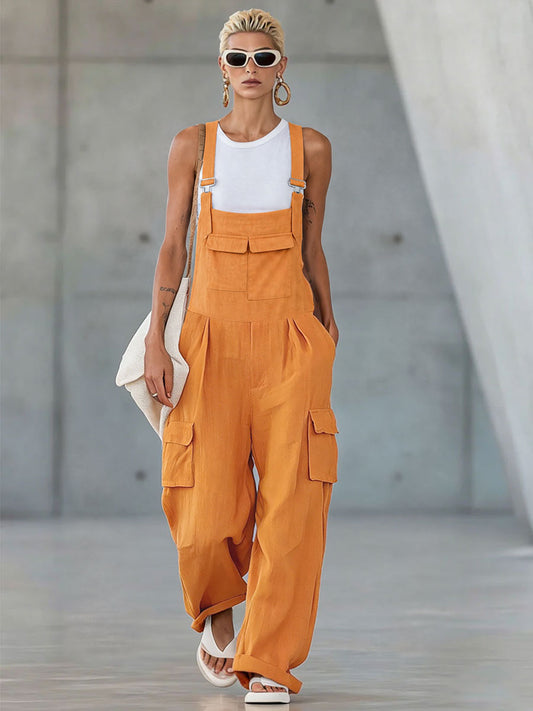 Orange Cotton-linen Multi-pocket Wide-leg Overalls - view 2