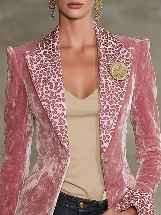 Lapel Contrast Leopard Print Velvet Blazer - view 2