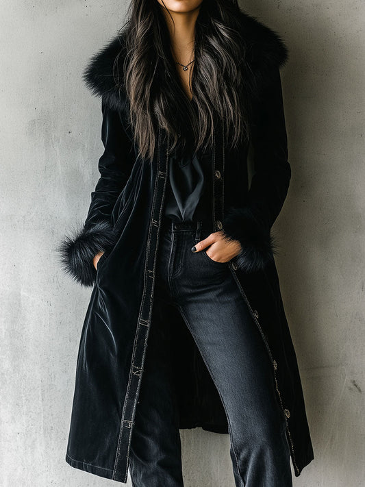 Black Velvet Long Coat with Eco Fur Collar