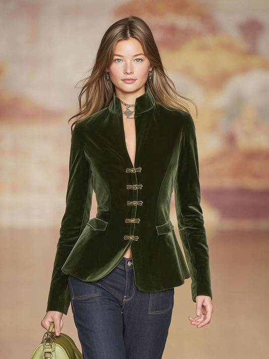 Elegant Retro Gold-buttoned Dark Green Velvet Blazer - view 2