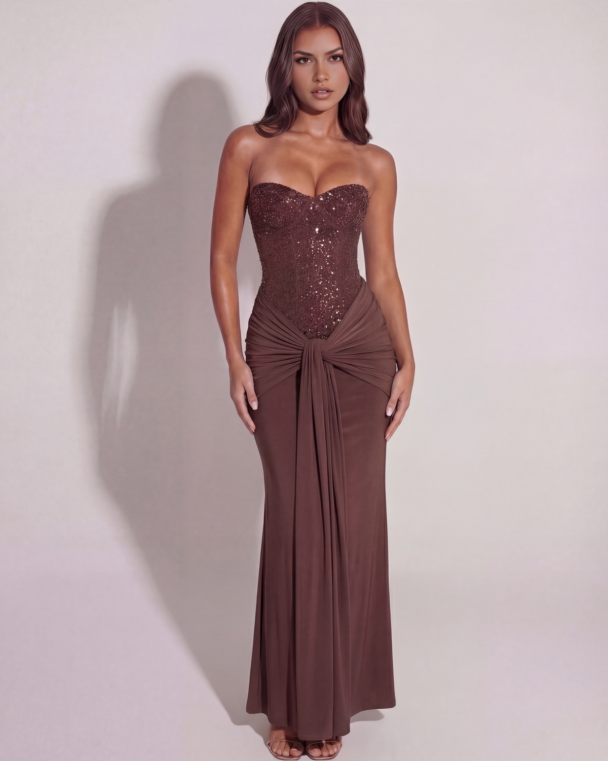 Violet - Chocolate Embellished Mesh Evening Gown