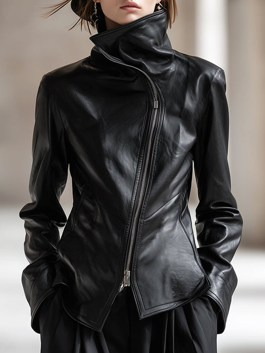 Black PU High Collar Zip Jacket