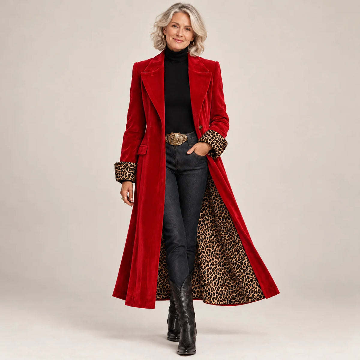 Arabella - Velvet-Effect Longline Coat - Red