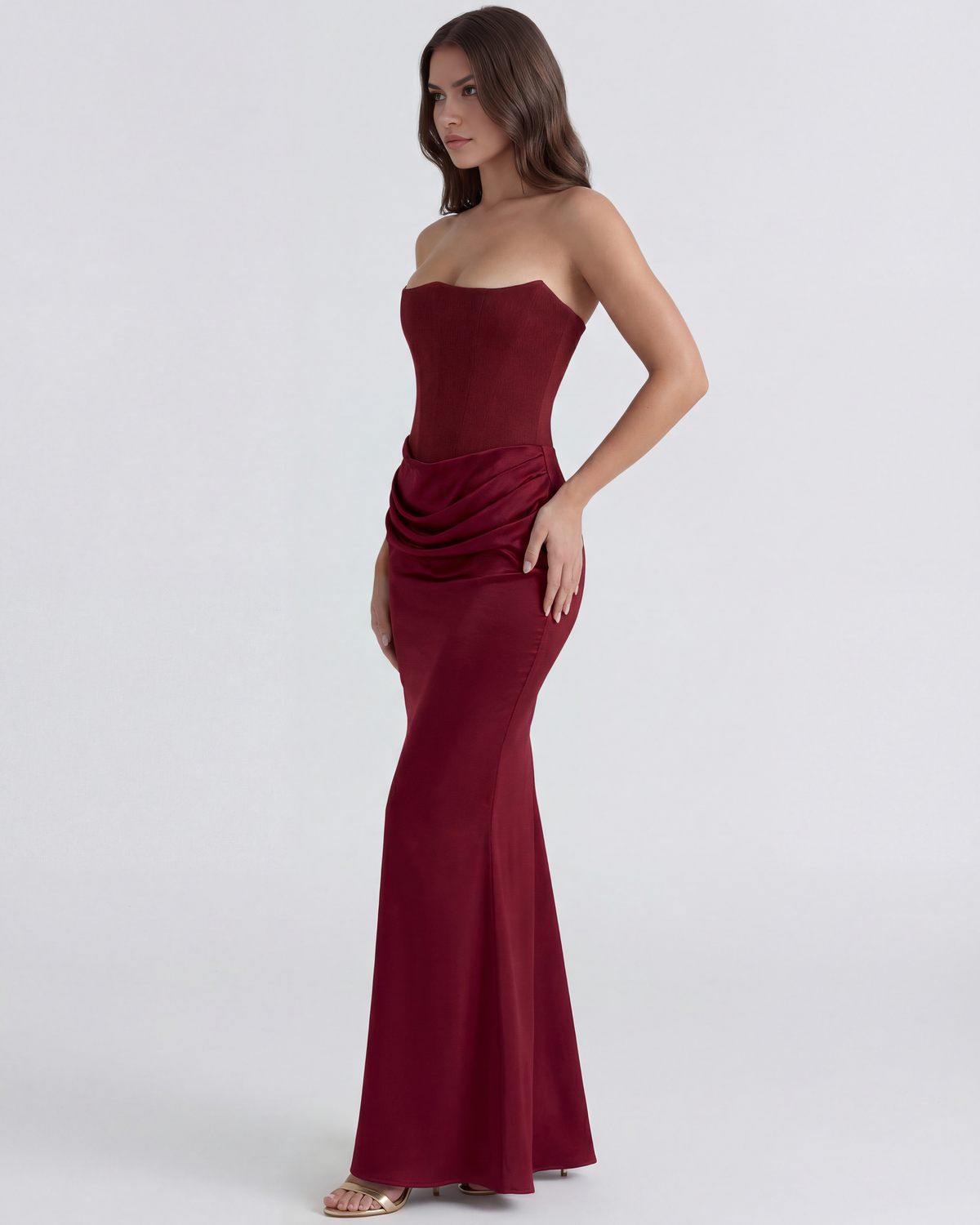 Delphine - Burgundy Corset Draped Maxi Gown - view 5