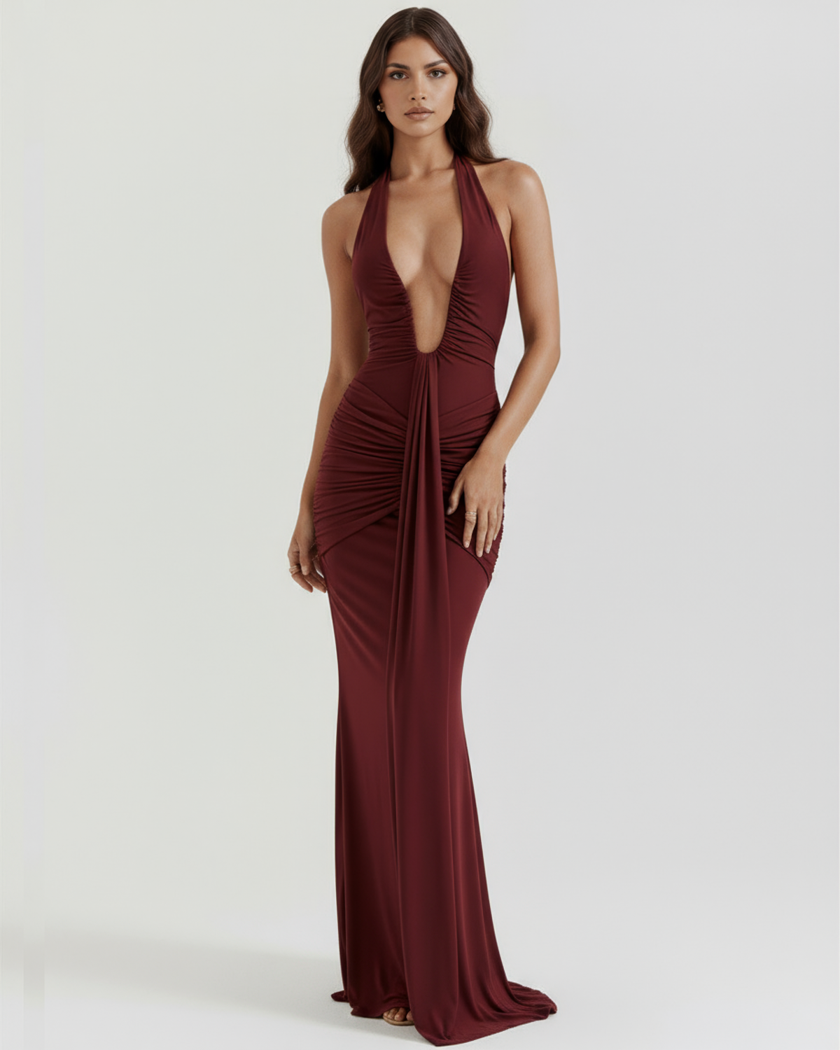 Ivy - Burgundy Ruched Halter Maxi Dress