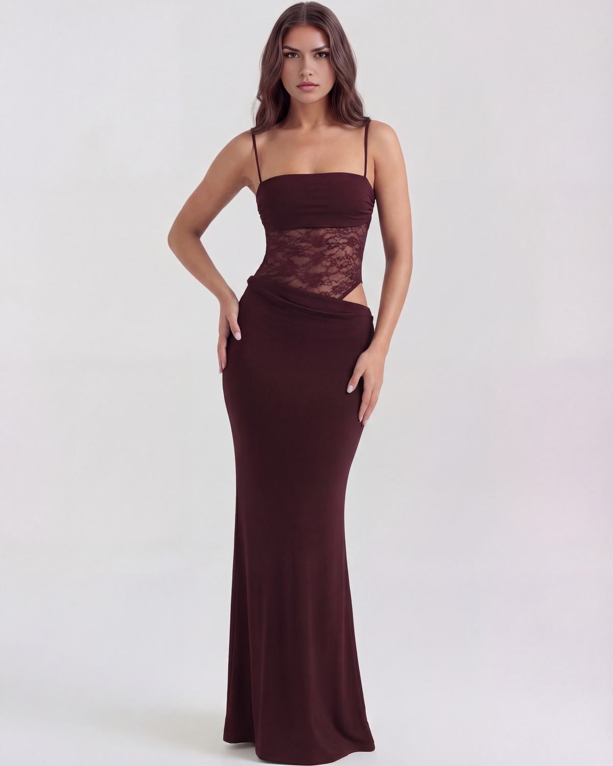 Julia - Burgundy Lace Panel Maxi Dress