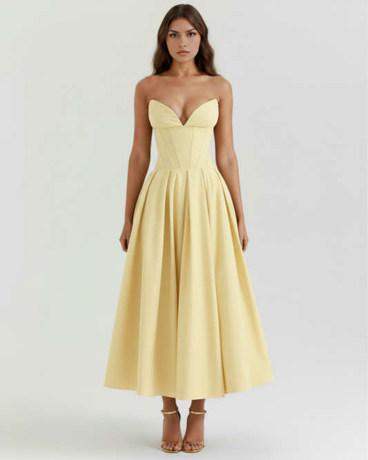 Camille - Light Yellow Corset Full Skirt Midi Dress