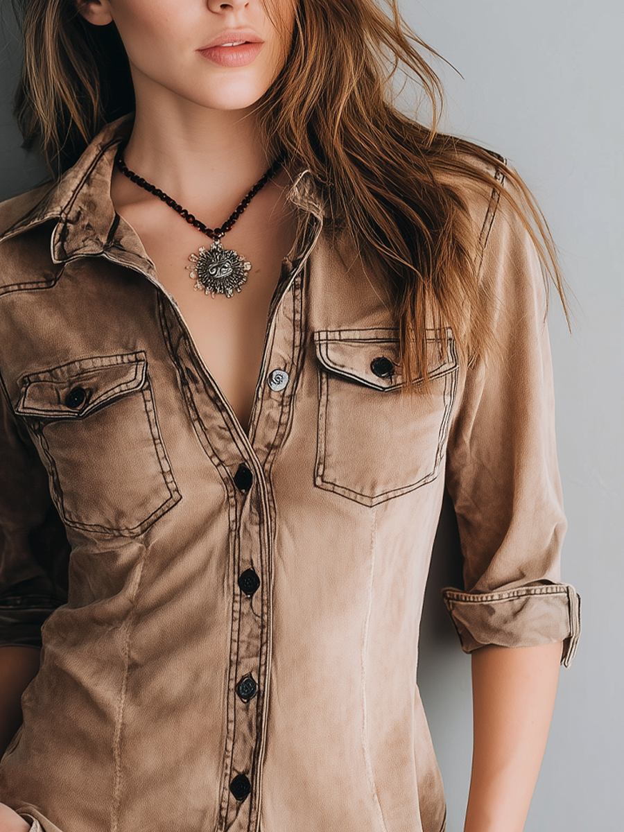 Retro Washed Contrast Stitching Blouse - view 2
