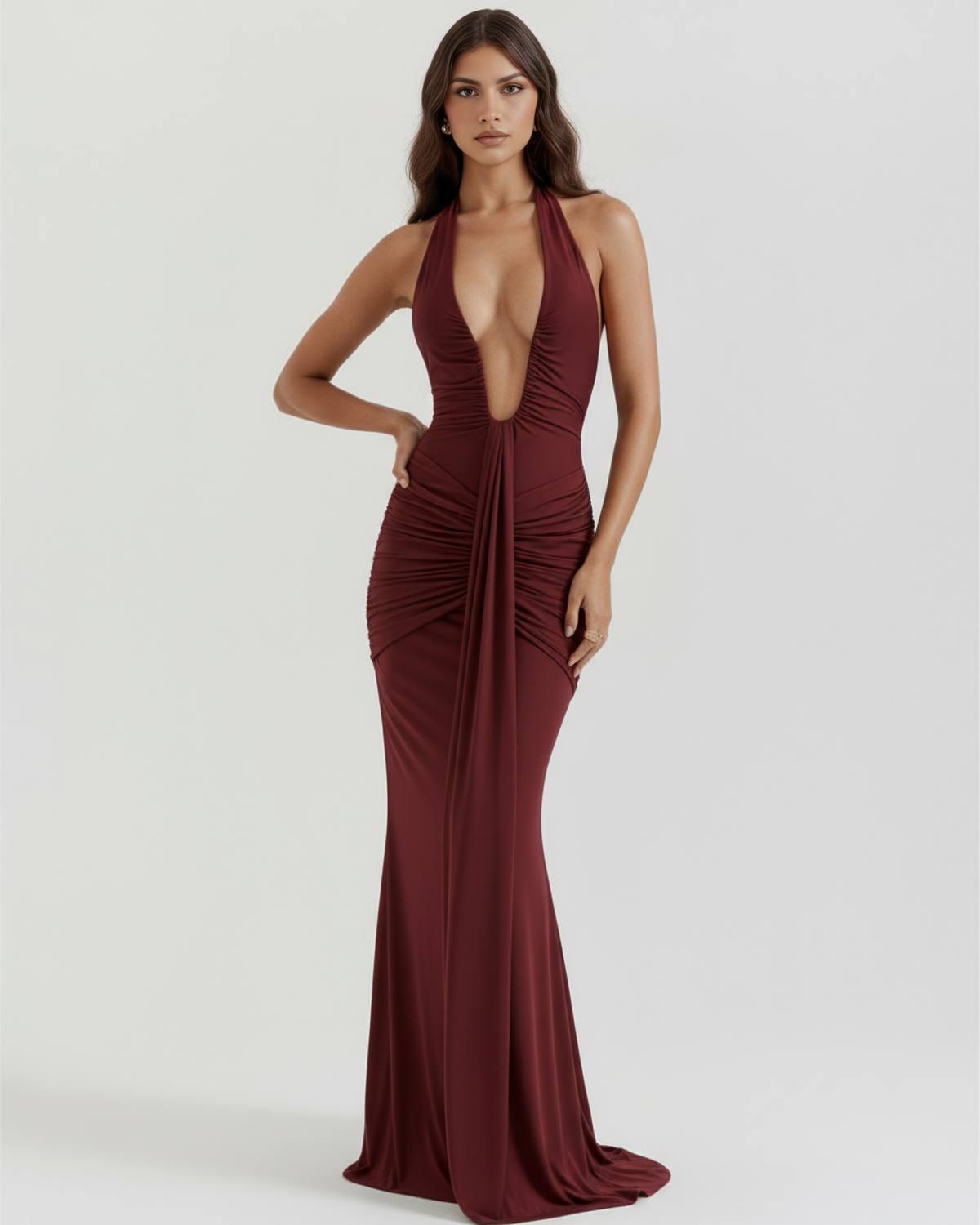Ivy - Burgundy Ruched Halter Maxi Dress - view 4