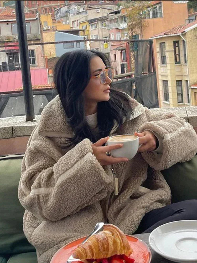Isabelle - Oversized Teddy Zip Jacket - Coffee Brown