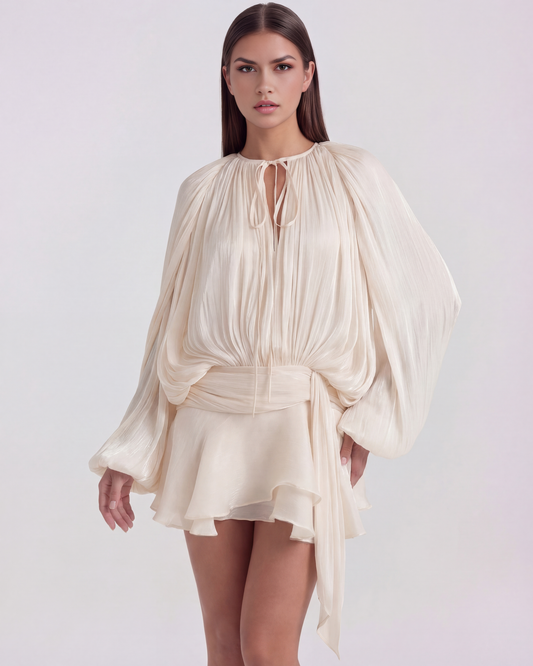 Geneviève - Cream Tie Neck Long Sleeve Mini Dress