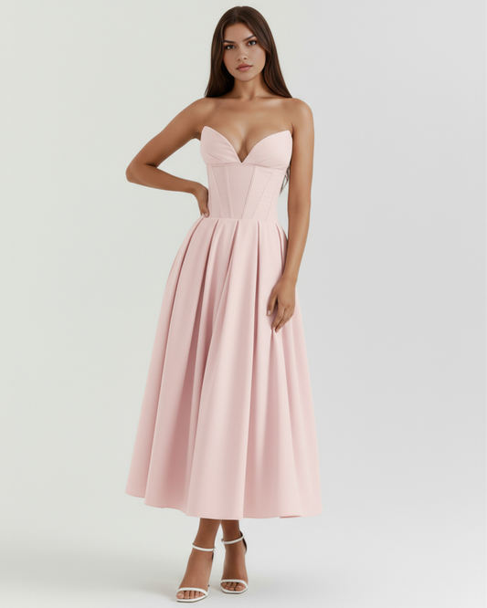 Camille - Pink Corset Full Skirt Midi Dress