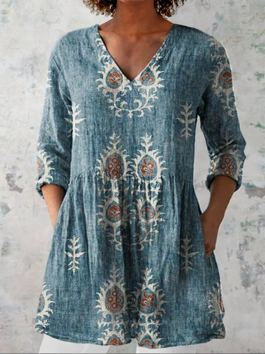 Elise - Long Blouse with V-Neck - Blue