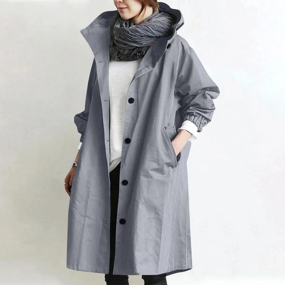 Emmeline - Hooded Longline Trench Coat - Light Grey