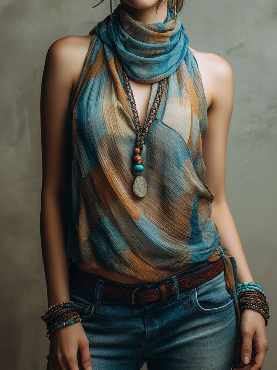 Boho Blue and Amber Chiffon Halter Blouse with Scarf Neck - view 4
