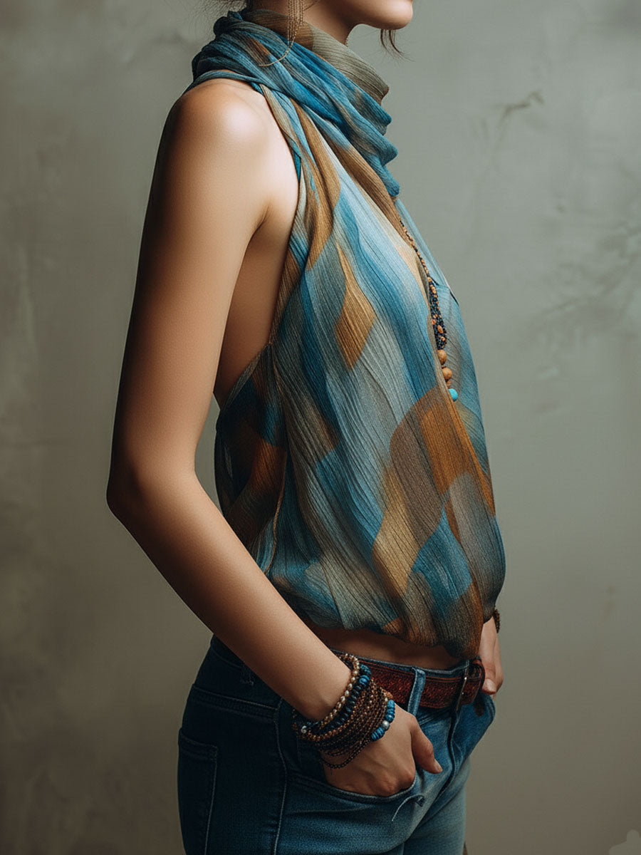 Boho Blue and Amber Chiffon Halter Blouse with Scarf Neck - view 3