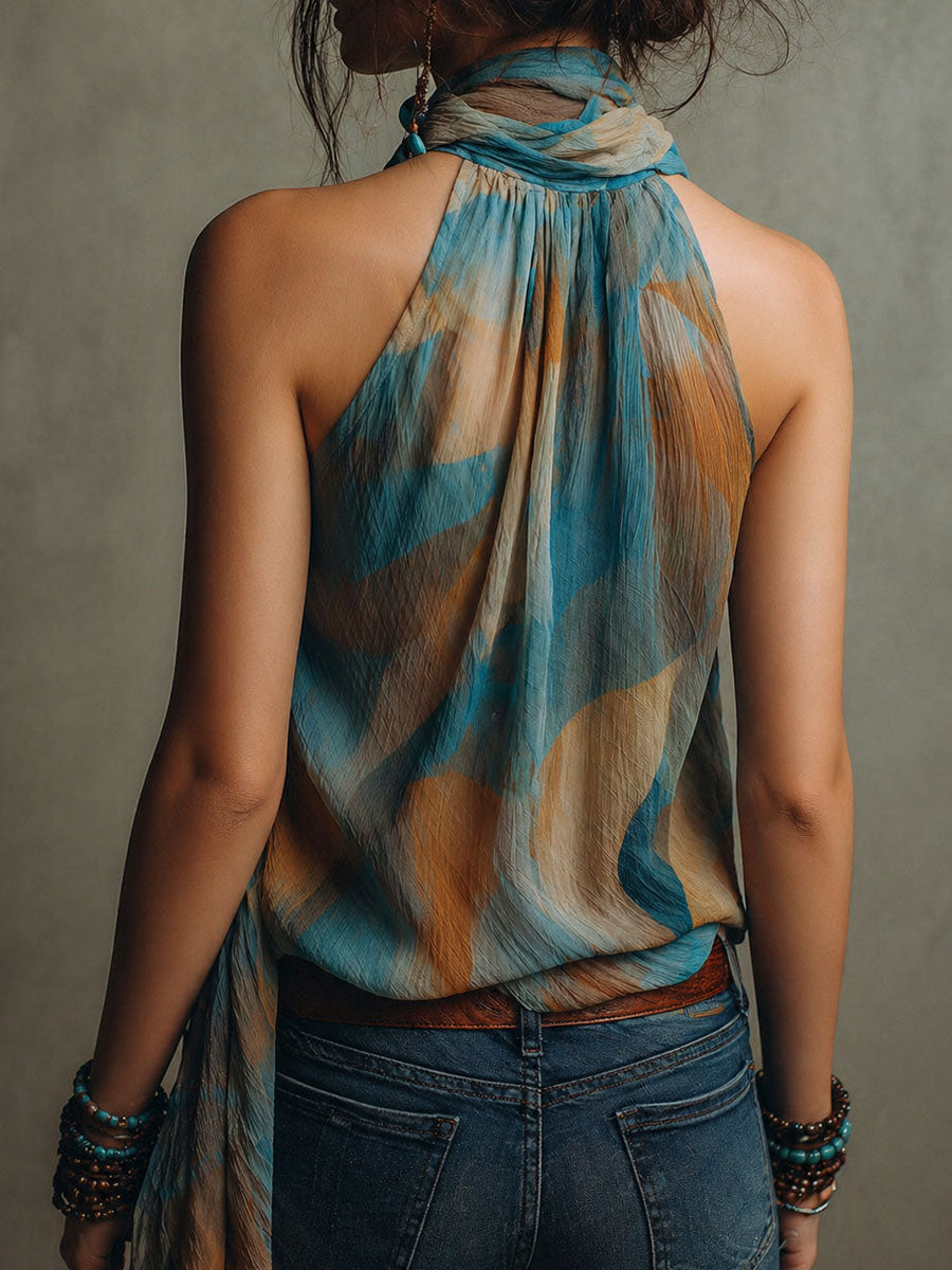 Boho Blue and Amber Chiffon Halter Blouse with Scarf Neck - view 2