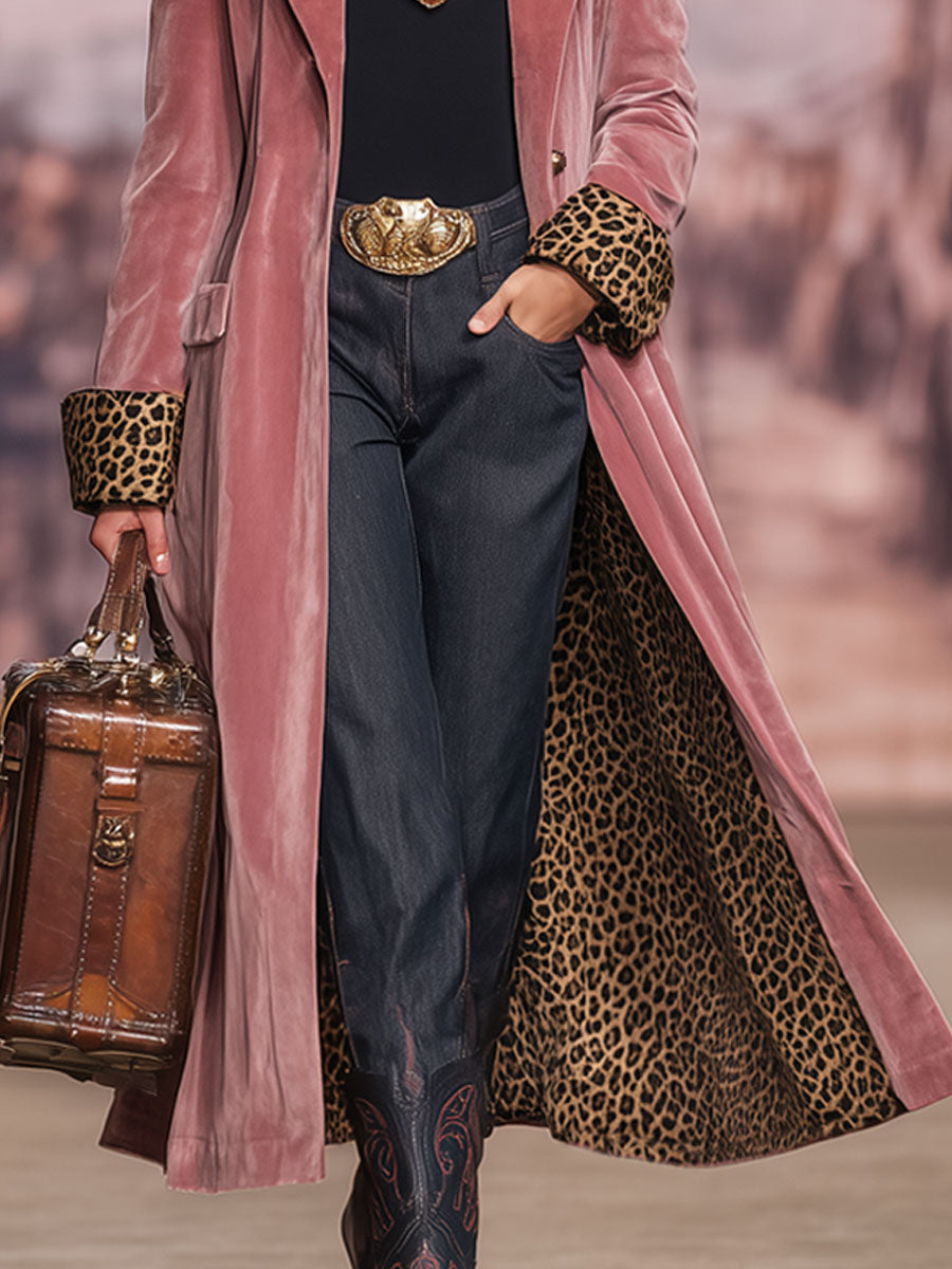 Lapel Single-breasted Velvet And Leopard Print Coat - view 6