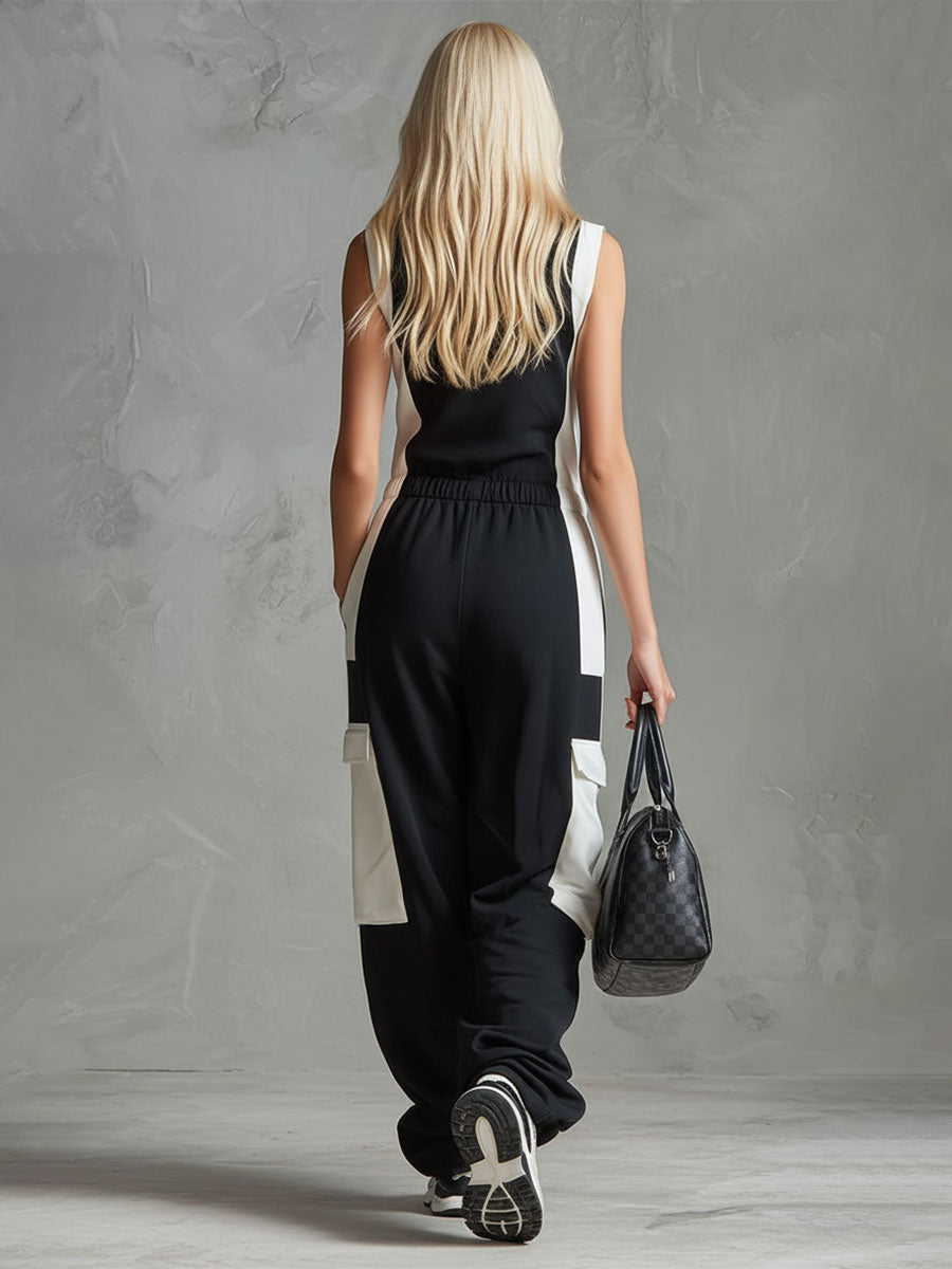 Black and White Color-Blocked Half-Zip Jumpsuit - view 4