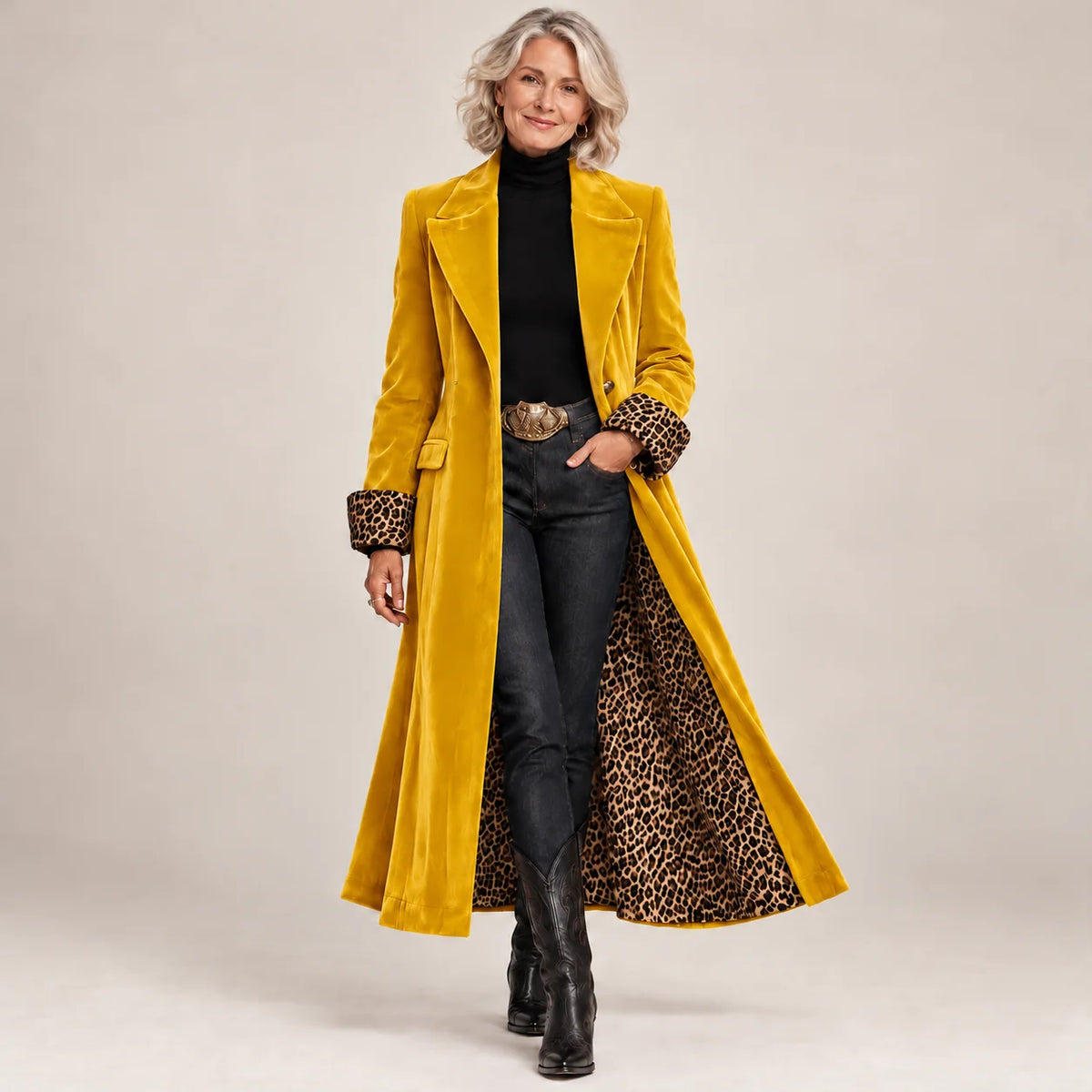 Arabella - Velvet-Effect Longline Coat - Yellow