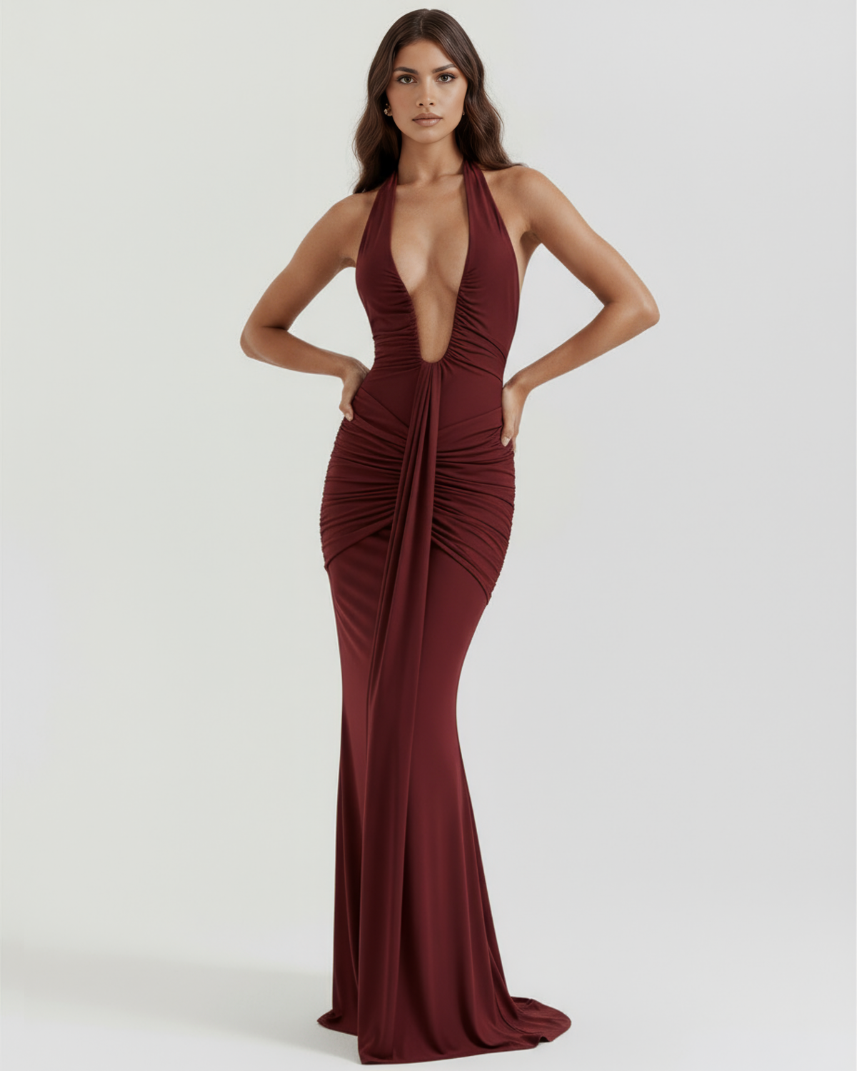 Ivy - Burgundy Ruched Halter Maxi Dress - view 6