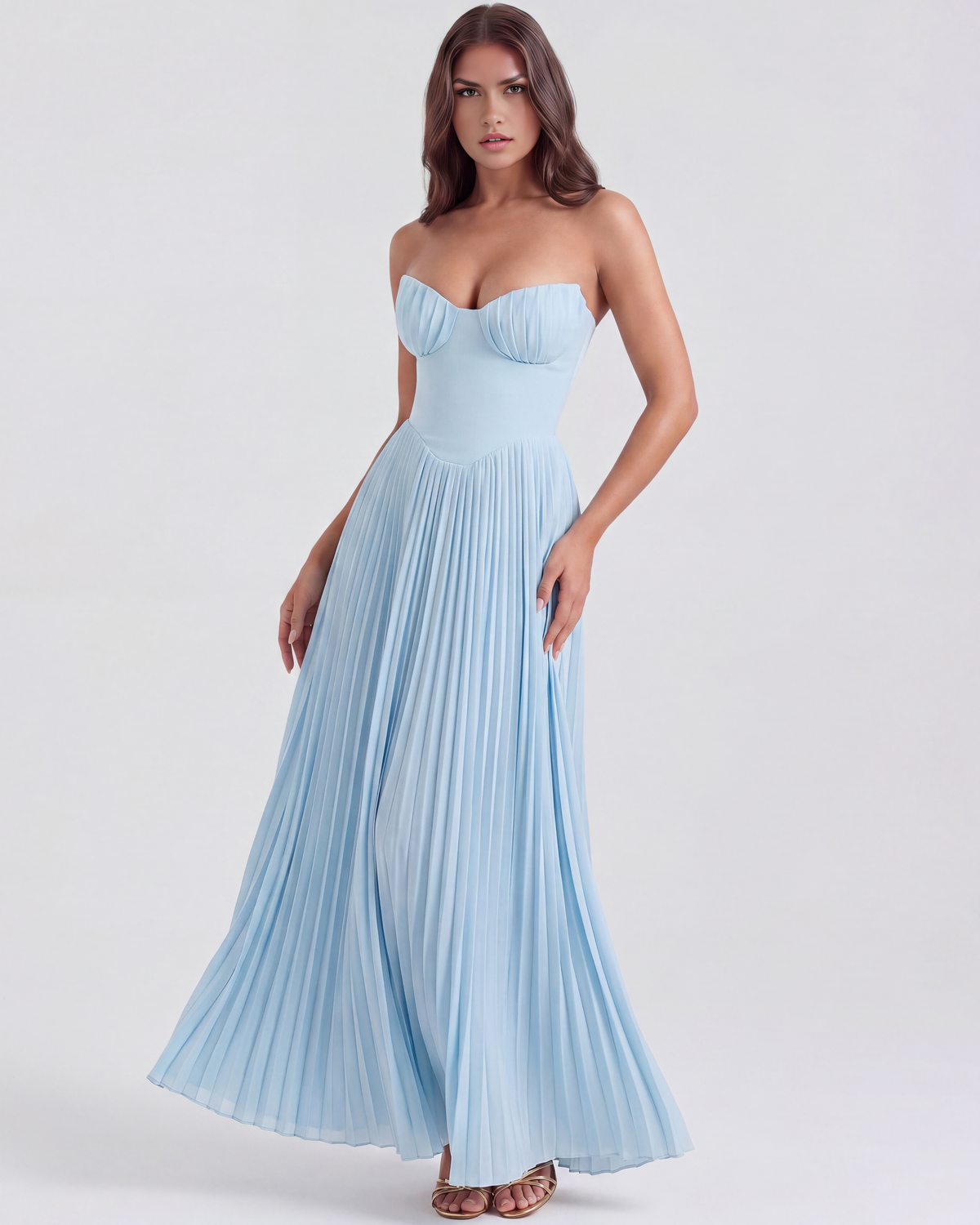 Océane - Baby Blue Pleated Georgette Maxi Dress - view 4