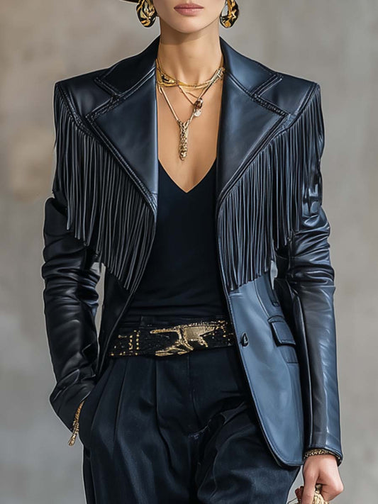 Black Leather Notch Lapel Tassel Blazer