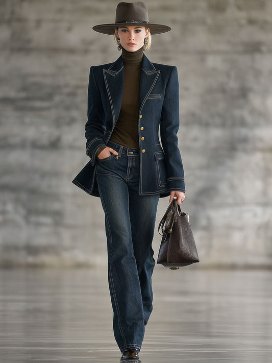 Fashion Retro Topstitched Navy Blue Denim Jacket - view 2