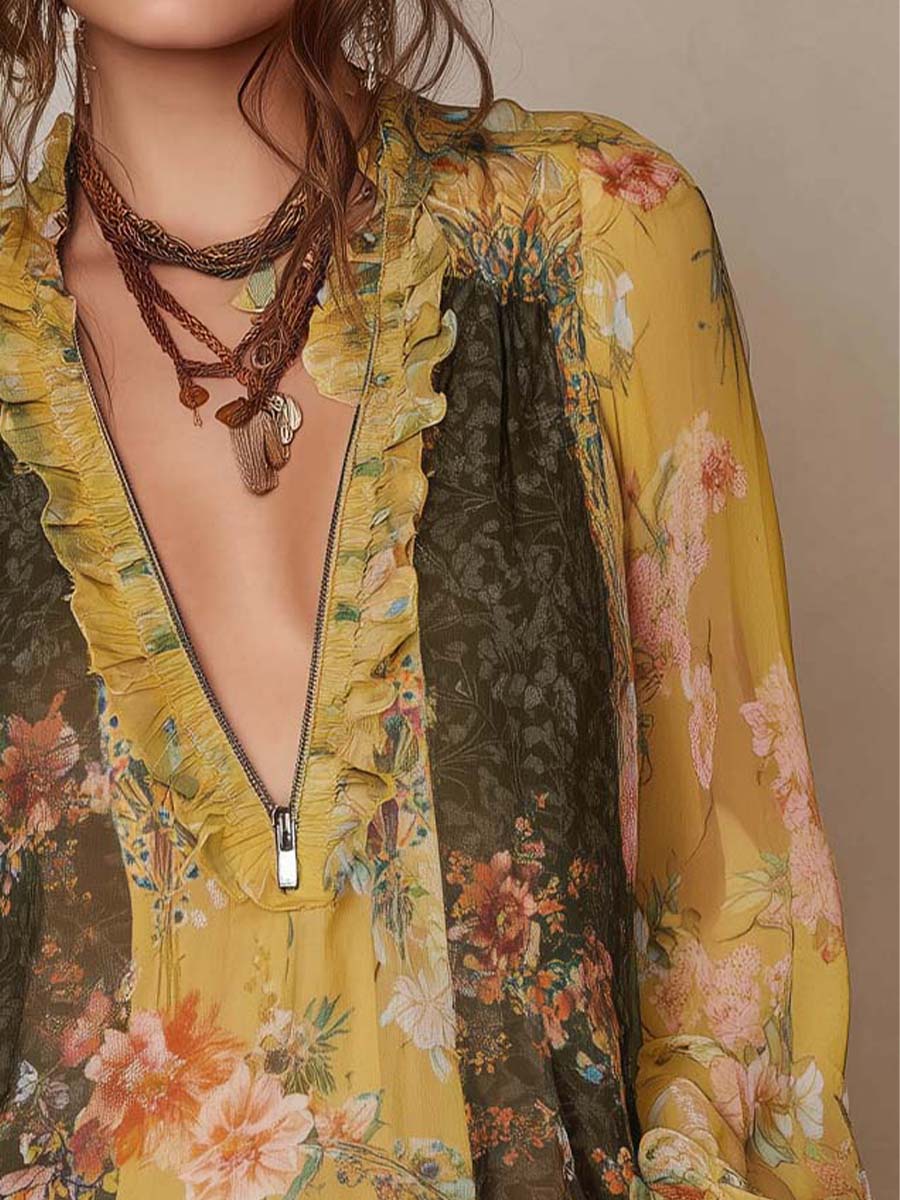 Zip-Front Ruffled Floral Chiffon Blouse - view 6