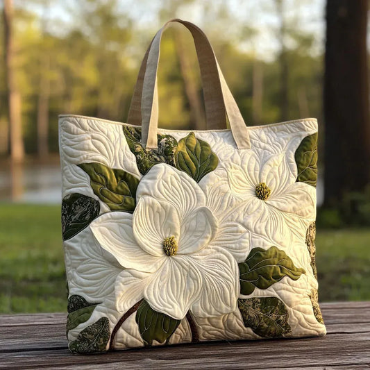 Artisanal Quilted Tote Bag - White Lilies
