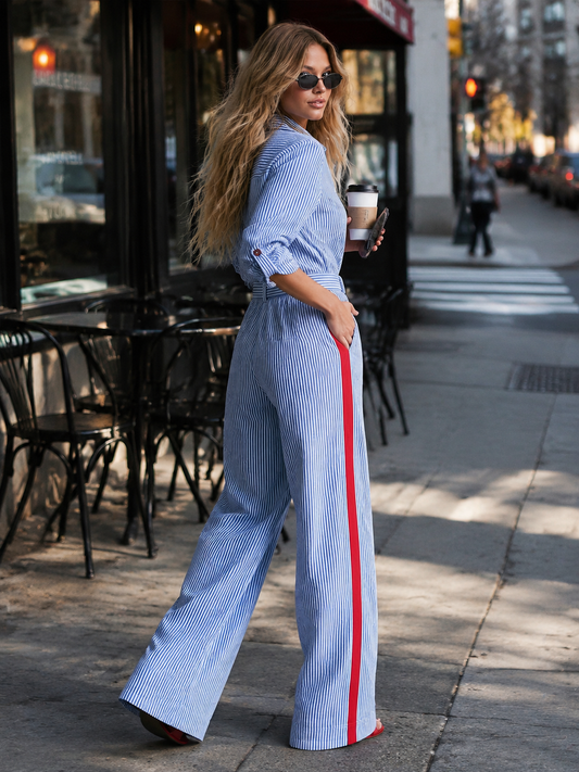 Casual Fashion Lapel Button-front Light Blue Striped Jumpsuit - view 2