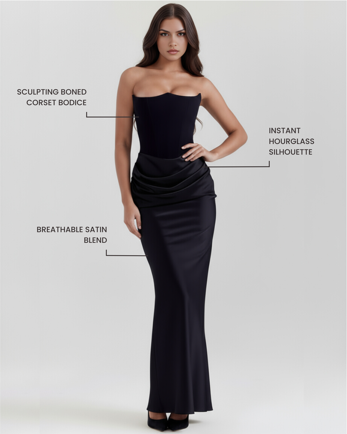 Delphine - Black Corset Draped Maxi Gown - view 2